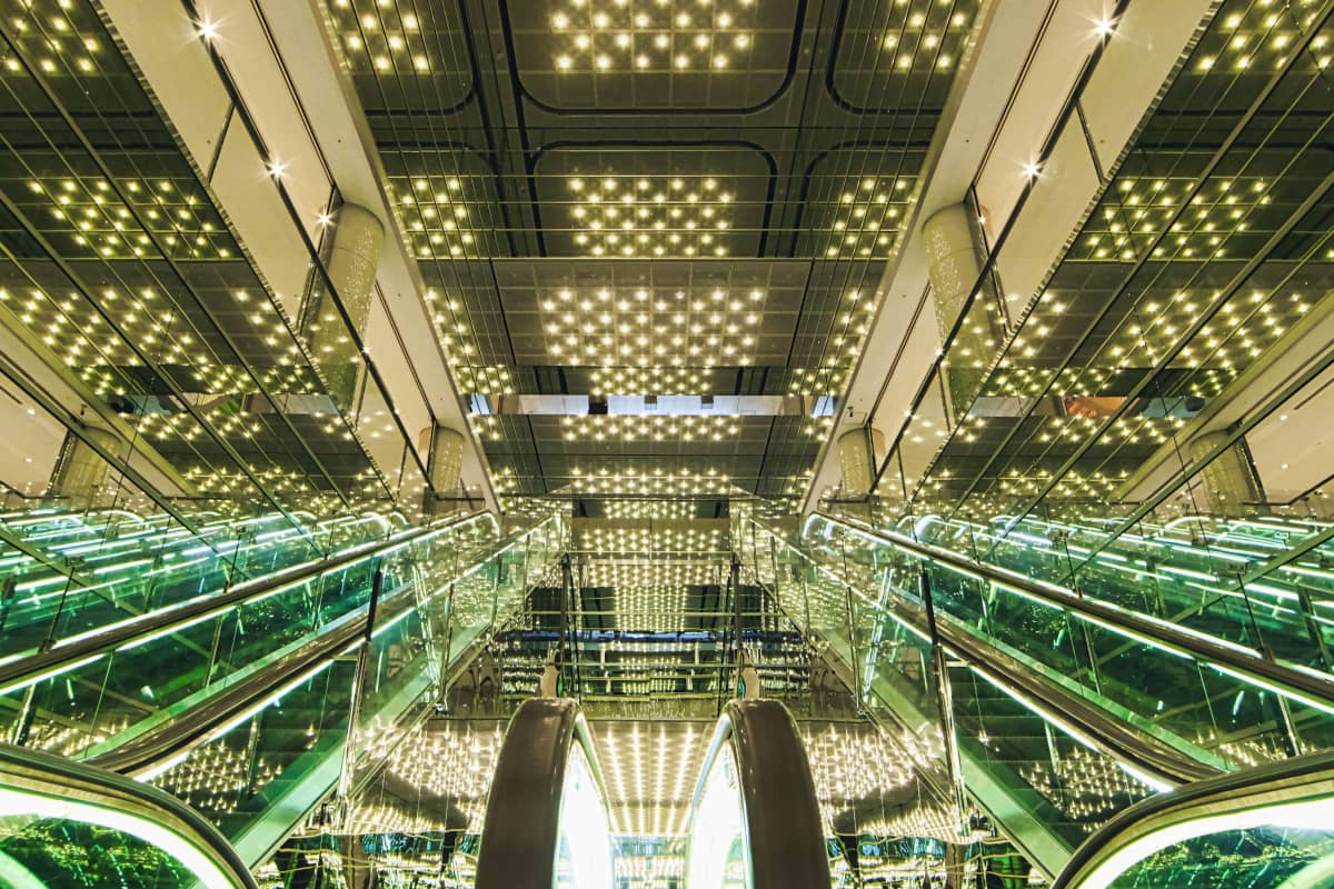 Golden escalator inside a shopping mall in Tokyo