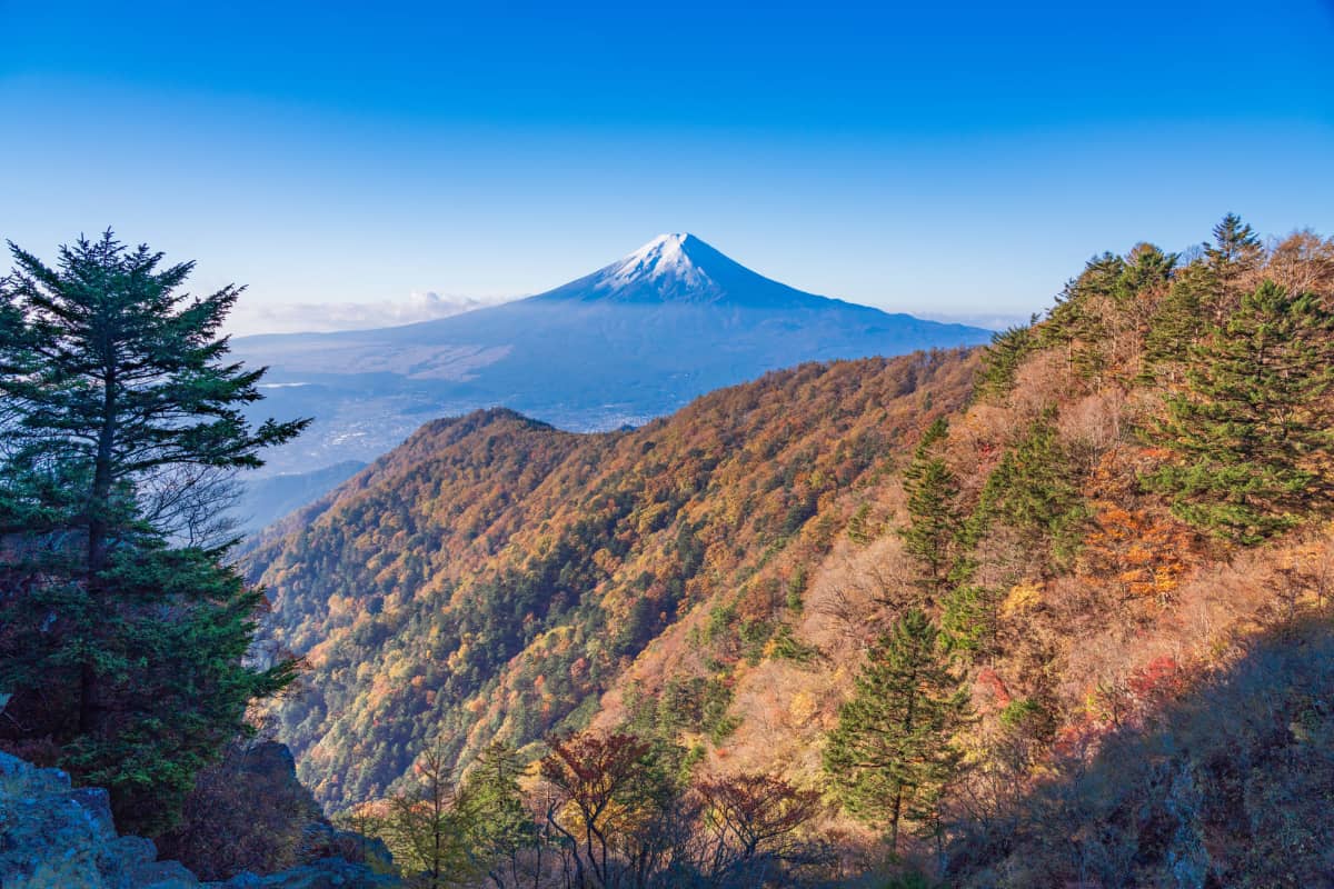 Panoramic mountain scenery from Mount Mitsutoge with clear views of Mount Fuji.
