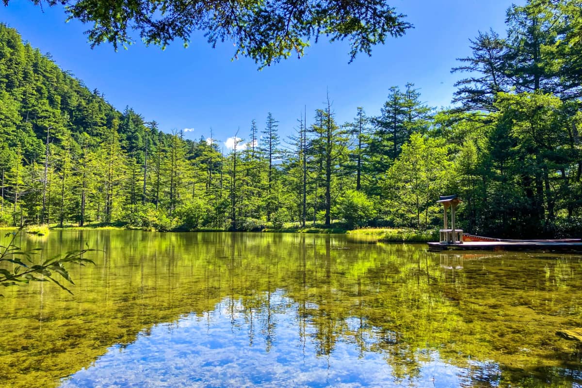 Myojin Pond nestled within Kamikochi’s ancient forest and alpine landscape.