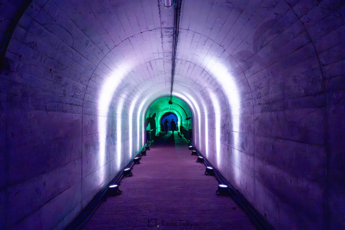 Purple lit by LED lights inside a limestone cave tunnel in Japan