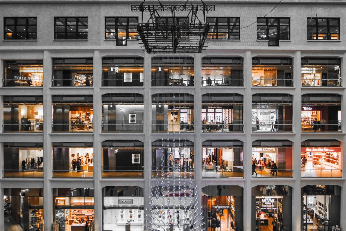 Geometric and cubicle facade inside a indoor atrium of KITTE Marunouchi