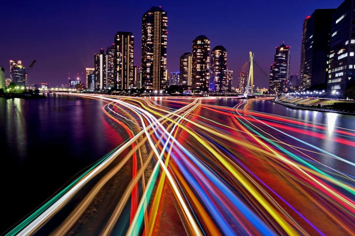 Rainbow colored light trails photography in Tokyo