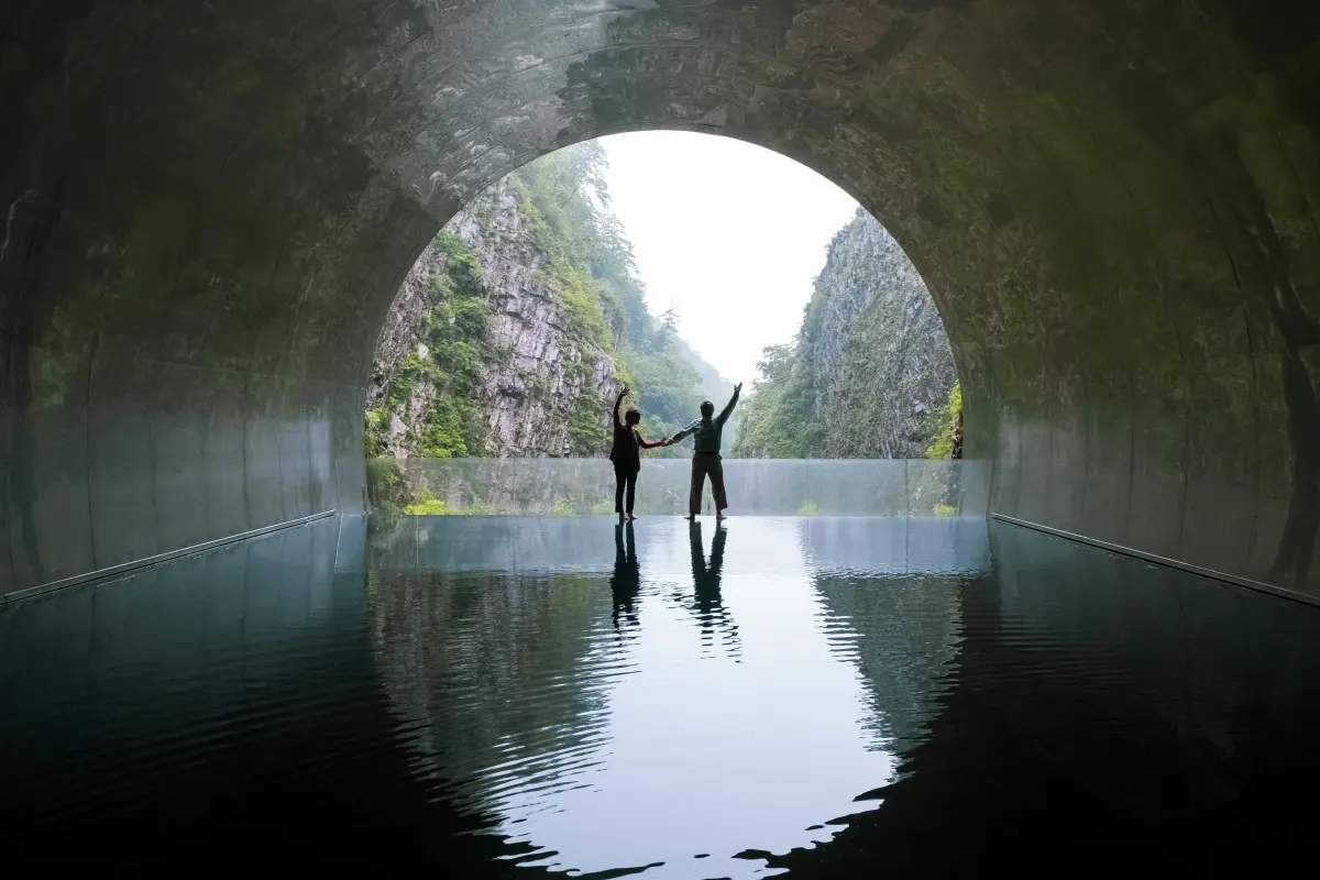 A photo spot inside a tunnel nestled on a gorge in Niigata, Japan