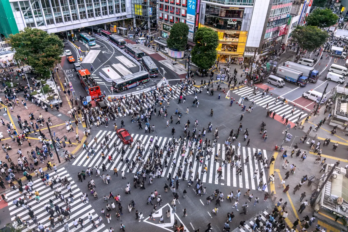Birds eye view of Shibuya crossing in Tokyo, Japan
