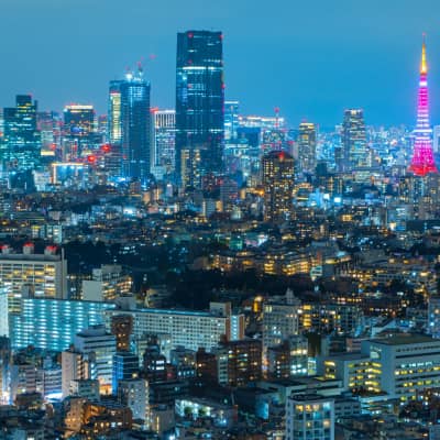 Illuminating Tokyo Tower from the observation deck in Ebisu/Yebisu