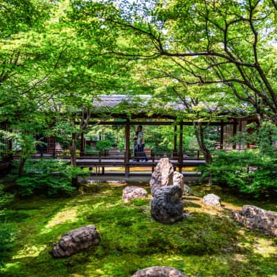 Traditional Zen temple buildings and landscaped gardens at Kennin-ji Temple in Kyoto
