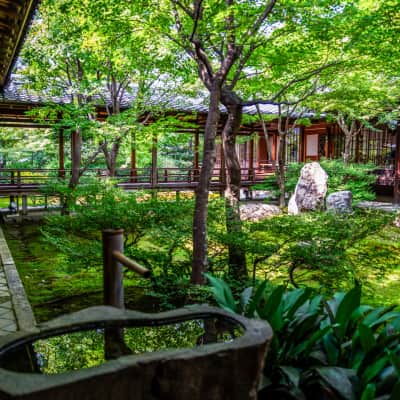 Traditional Zen temple buildings and landscaped gardens at Kennin-ji Temple in Kyoto