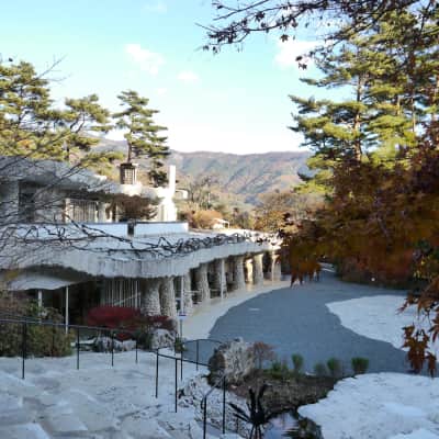 Distinctive museum architecture surrounded by lush gardens and forested landscapes in Yamanashi, Japan