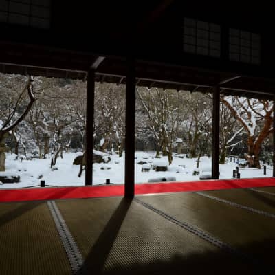 Zen garden and traditional temple buildings at Enkoji Temple in Kyoto