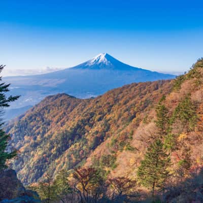 Mount Mitsutoge hiking trail with forests, rocky paths, and Mount Fuji views.