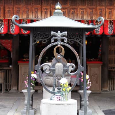Traditional Buddhist temple grounds with worshippers and historic architecture in Tokyo.
