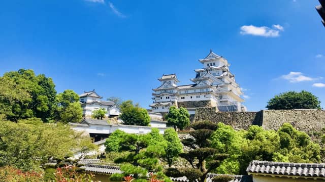 Panoramic view of Himeji Castle showcasing its elegant white architecture, defensive structures, and surrounding seasonal scenery.