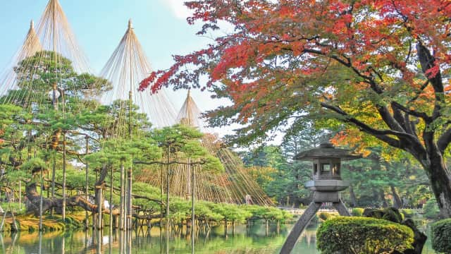 Scenic views of Kenrokuen Garden featuring winding paths, historic stone lanterns, tranquil ponds, and carefully maintained gardens.