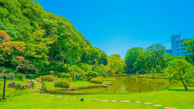 Traditional pond-strolling garden at Higo Hosokawa Garden