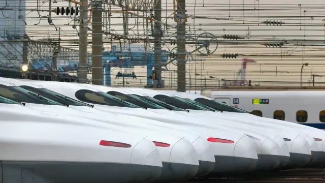 Bullet trains or shinkansen lined up in Tokyo