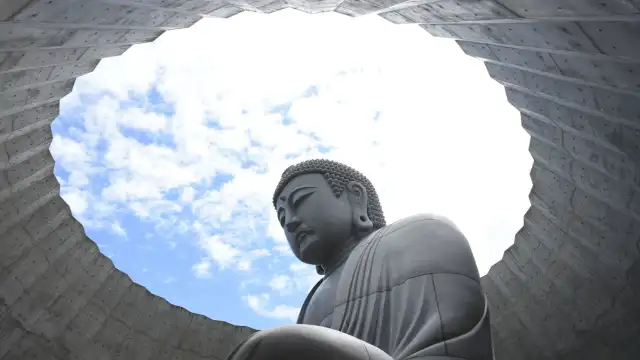 The Hill of the Buddha at Makomanai Takino Cemetery in Sapporo, featuring Tadao Ando’s circular concrete sanctuary and a giant seated Buddha rising above lavender-covered hills.