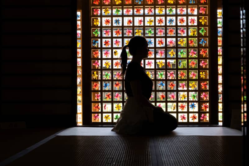 Colorful pinwheels against a silhouette