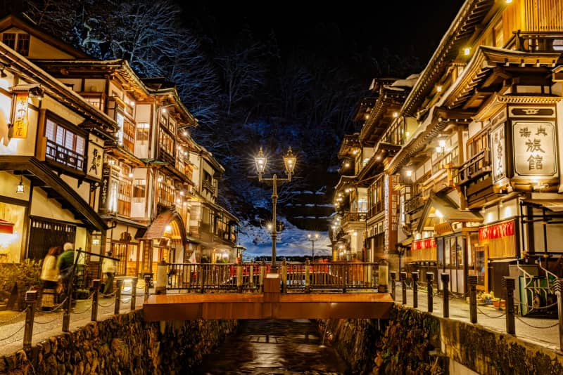 famous night view of an onsen town in tohoku