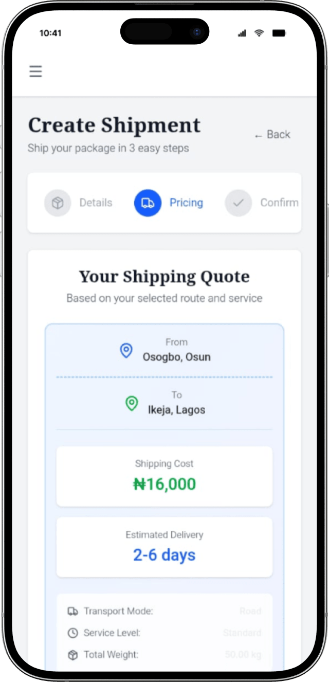 Create shipment screen on mobile