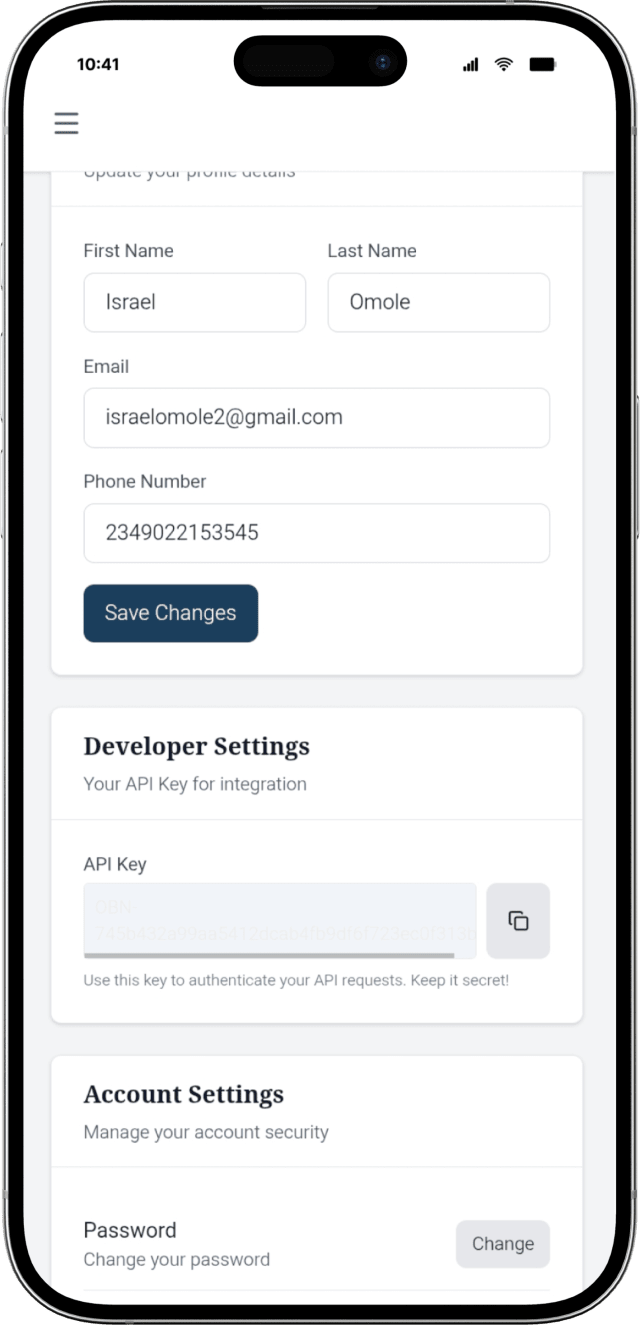 Developer API settings screen on mobile