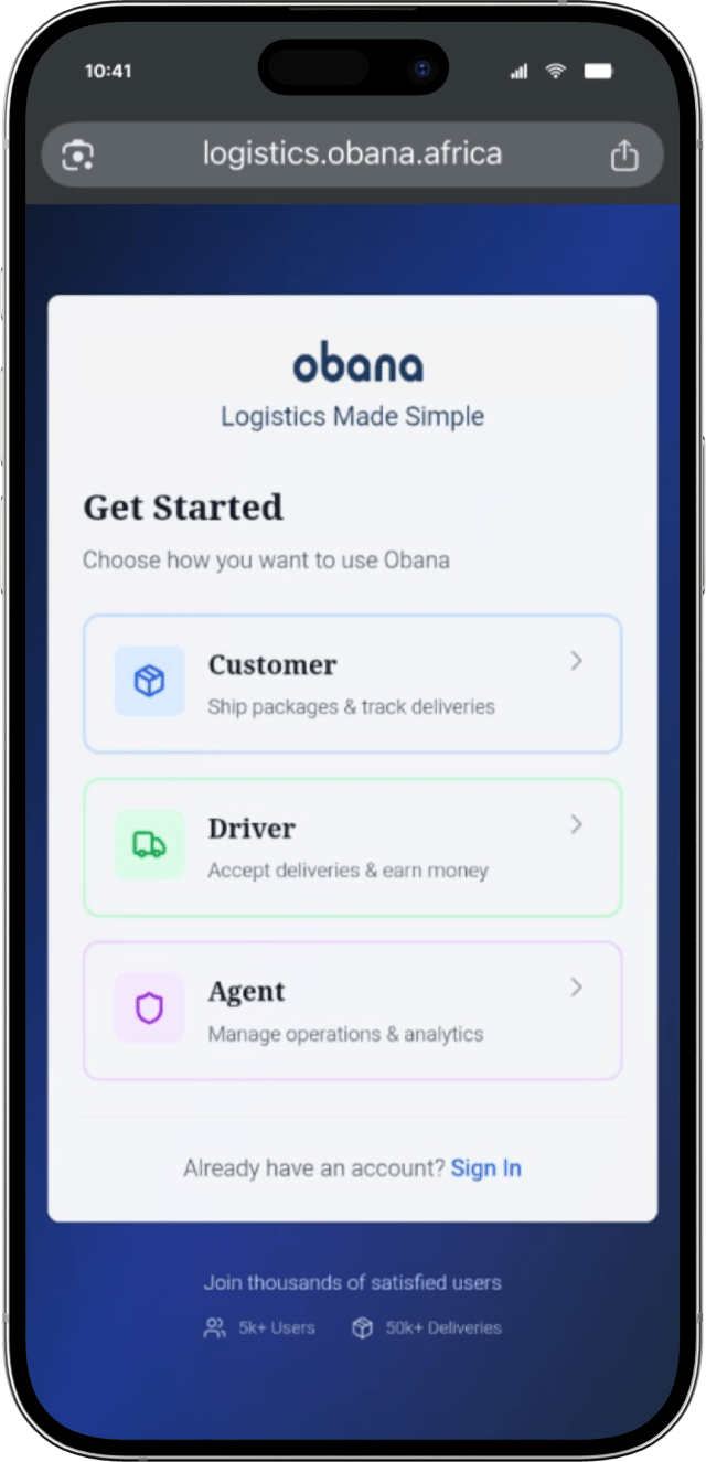 Obana platform roles screen on mobile