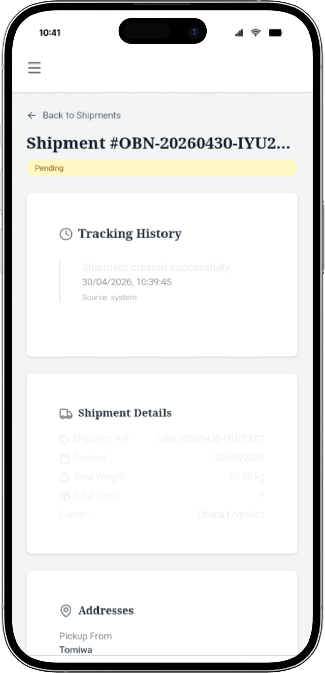 Shipment tracking screen on mobile