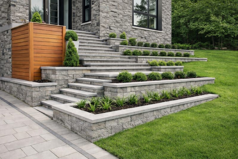 Terraced stone retaining walls with wide paver steps and planting beds