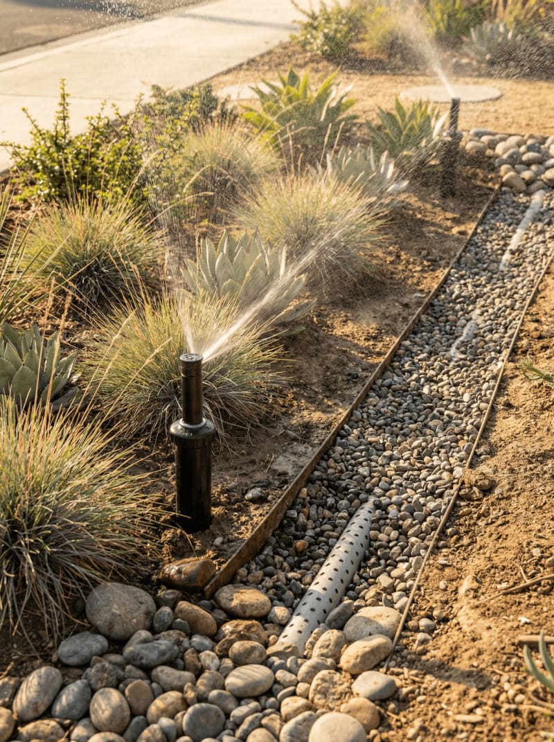Pop-up sprinkler watering ornamental grasses beside a gravel drainage channel