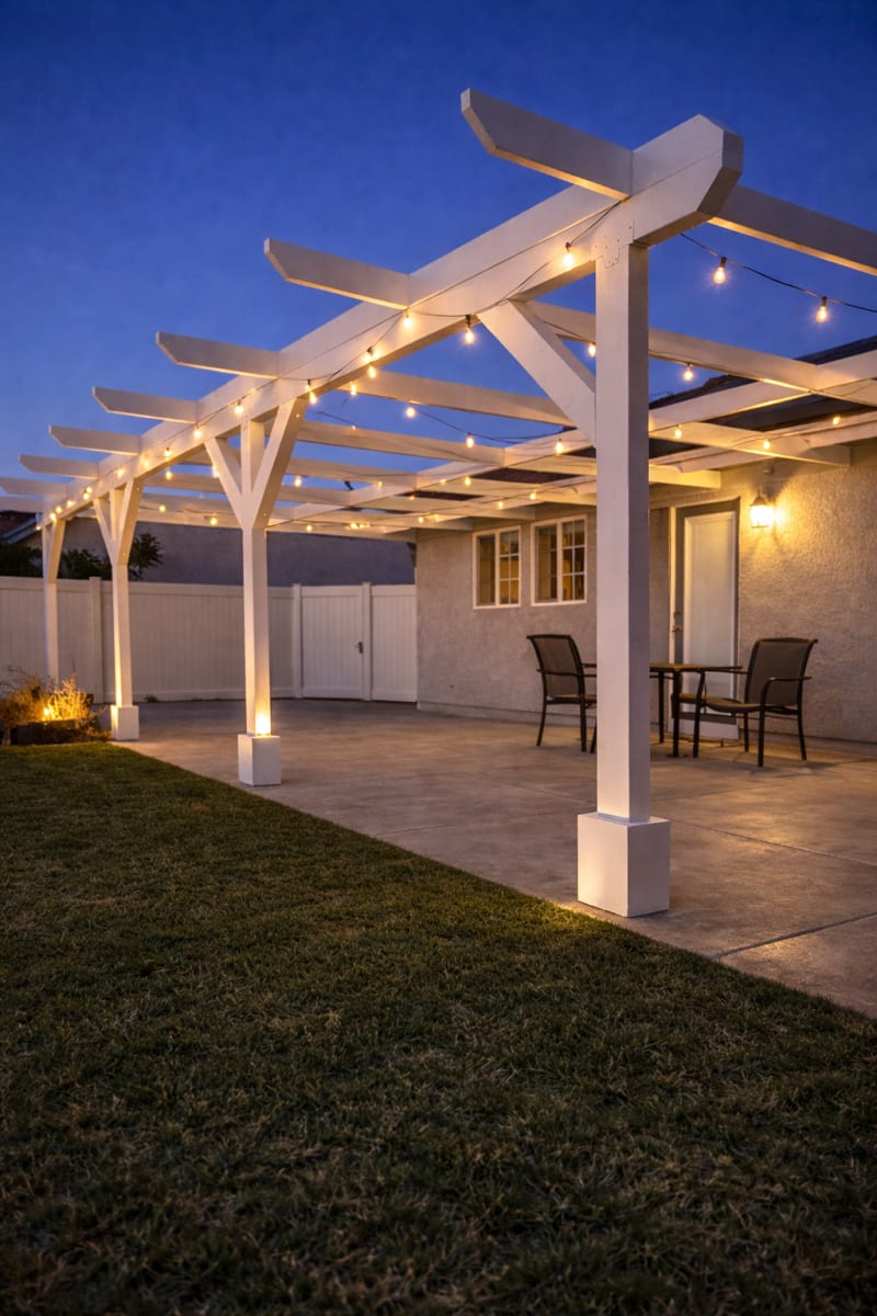 White wood pergola with string lights over a stamped concrete patio at dusk