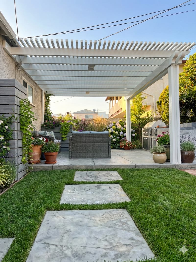 White pergola over a patio lounge with built-in grill and stepping stones