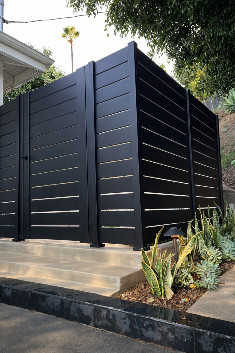 Black horizontal slat privacy enclosure with succulents