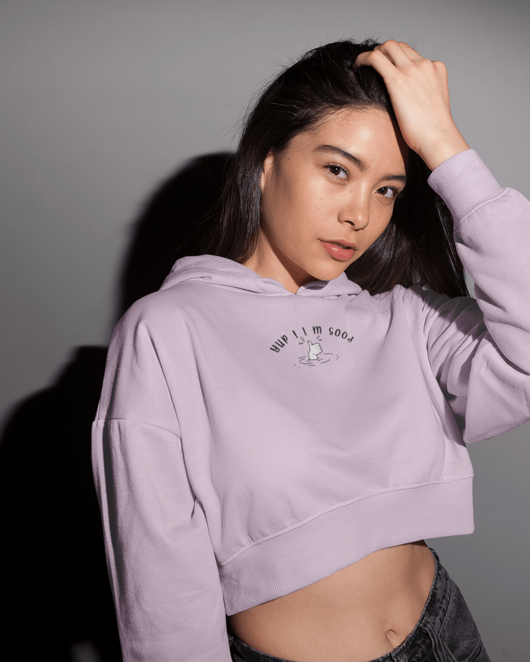 Women's Lavender Cropped Hoodie with "Yup I'm Good" Graphic Print