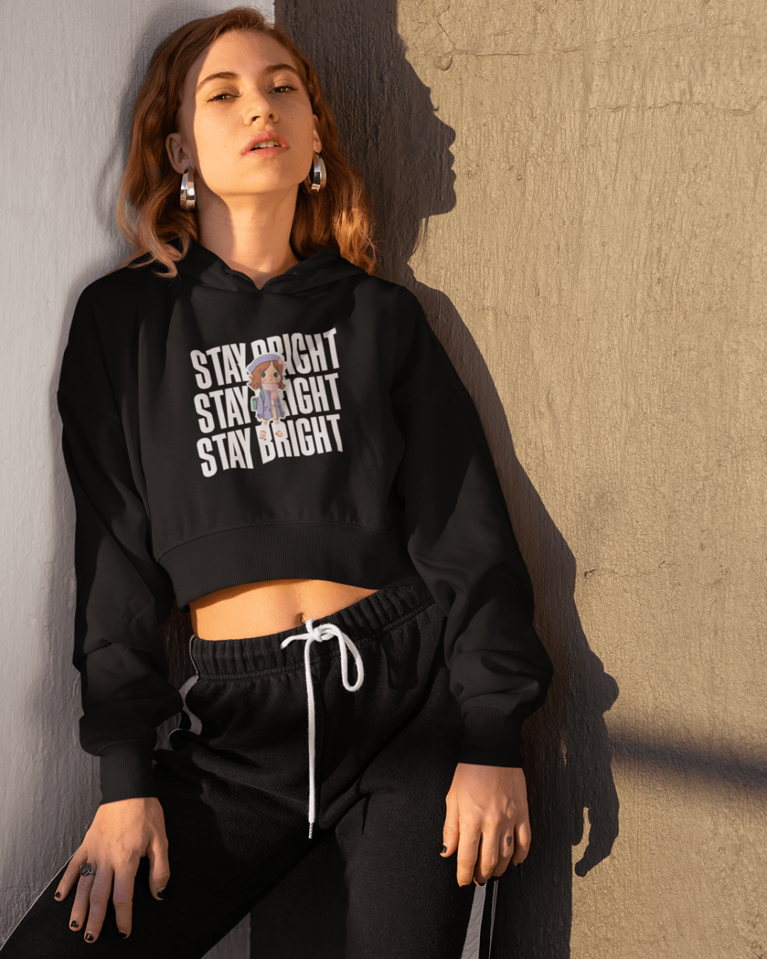 Women's Black Cropped Hoodie with "Stay Bright" Graphic Print