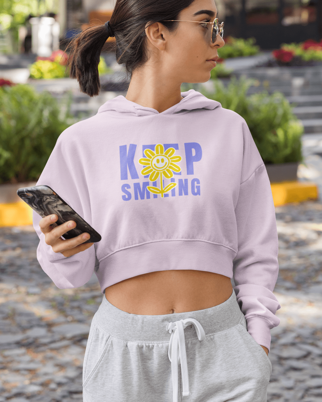 Women's Light Pink Cropped Hoodie with "Keep Smiling" Graphic Print