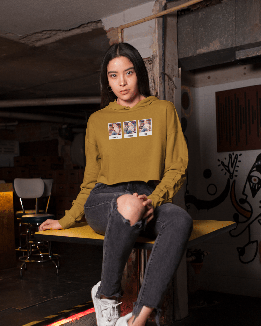 Women's Mustard Yellow Cropped Hoodie with Stylish Graphic Print