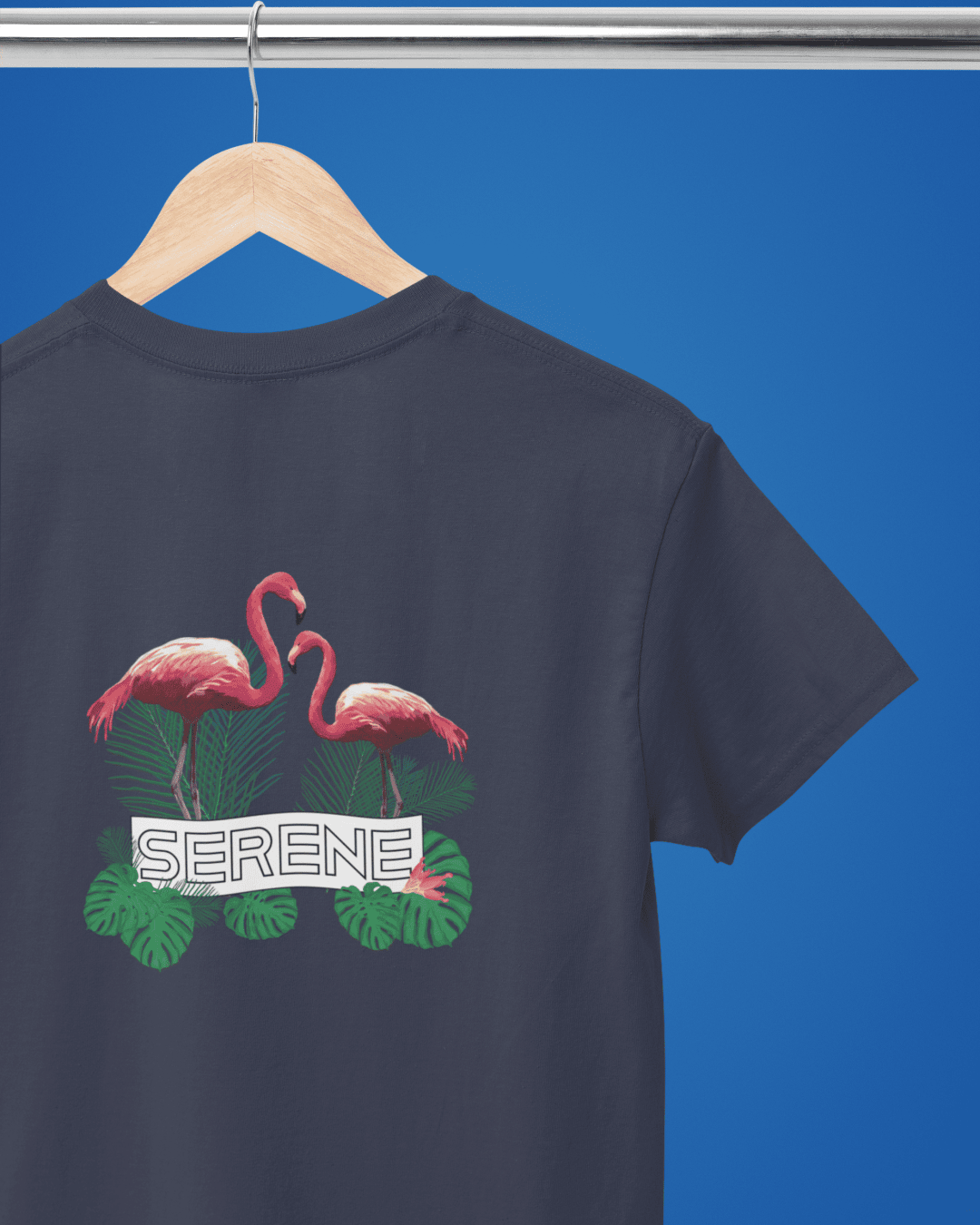 Unisex Navy Blue Oversized Cotton T-Shirt – "Serene Flamingo" 