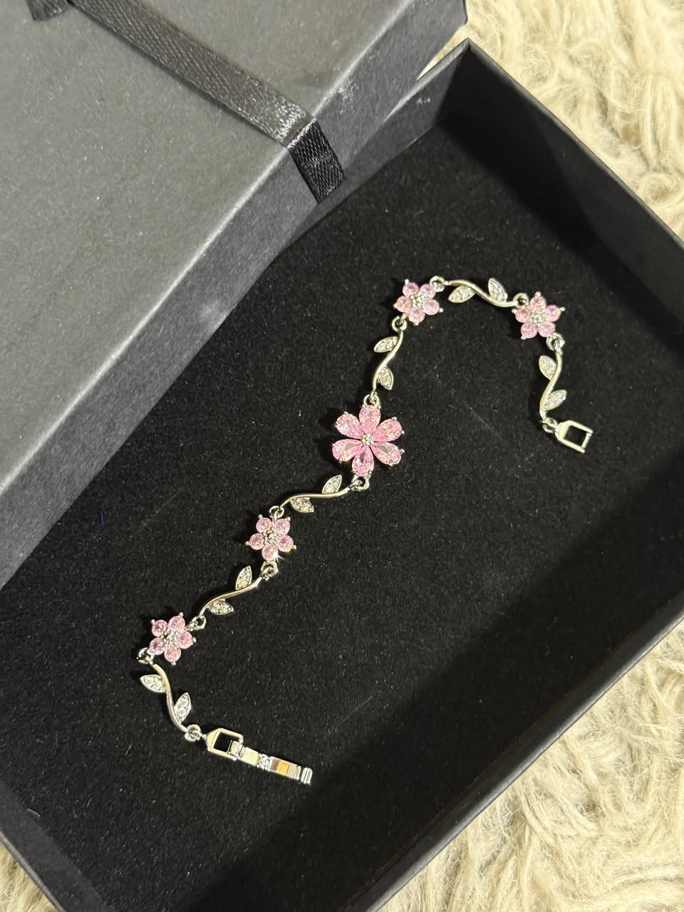 Pure Stainless Steel Pink Crystal Floral Vine Bracelet