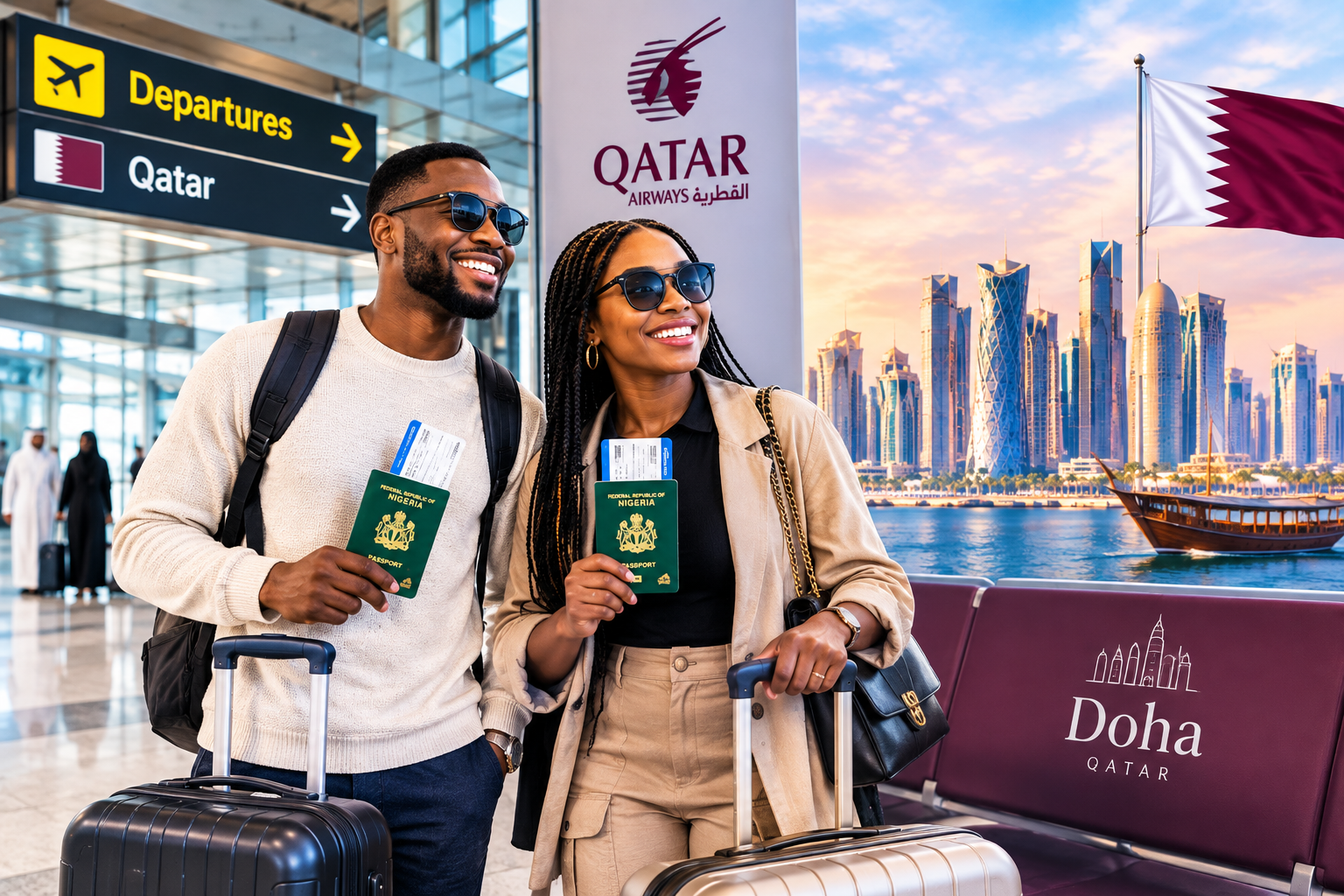 Upload a professional Qatar travel image showing a Nigerian traveler or couple at Doha airport or enjoying a beautiful Doha skyline, with luggage and a Qatar-themed background.