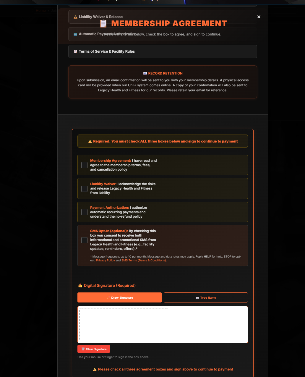 Screenshot of the SMS opt-in checkbox shown during Legacy Health and Fitness online membership onboarding. The checkbox is unchecked by default and labeled optional, with inline disclosures for message frequency, rates, STOP/HELP instructions, and links to Privacy Policy and SMS Terms.