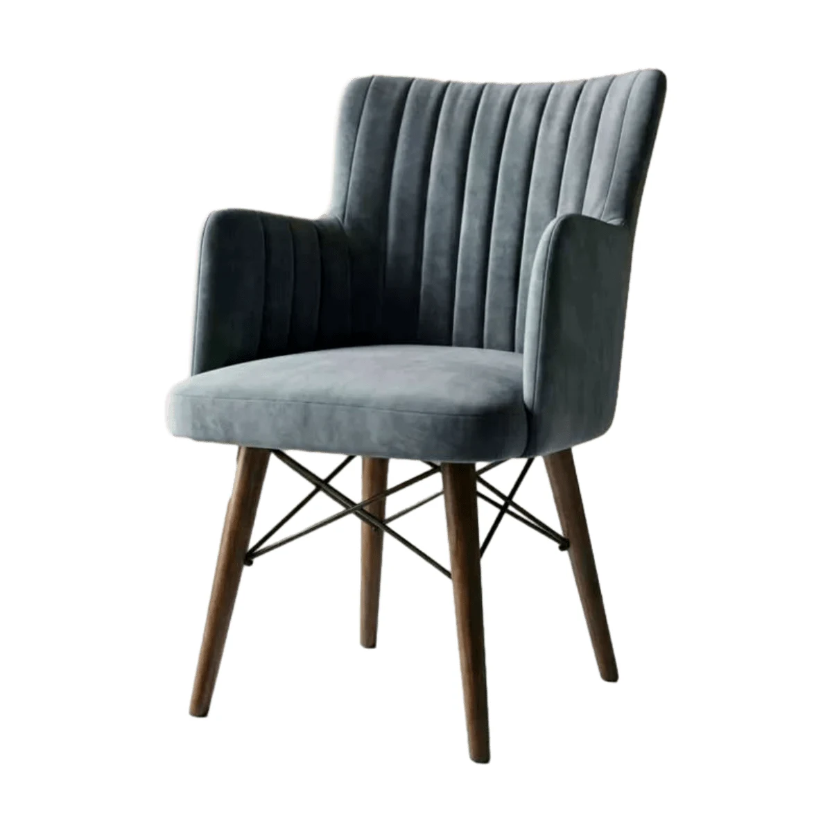Chaise design velours bleu gris pieds bois et métal moderne