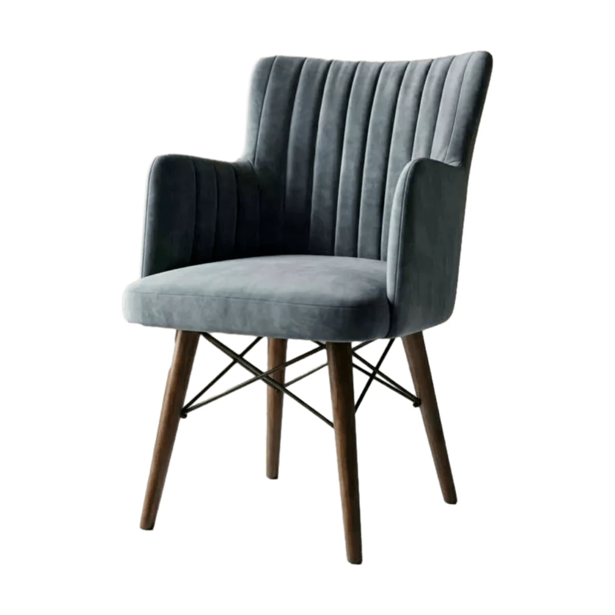 Fauteuil moderne velours côtelé bleu pieds bois