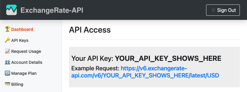 Screenshot from the exchange rate API dashboard showing a sample API key with the example request link.