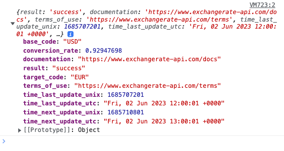 console.log of the JSON response from the exchange rate API.