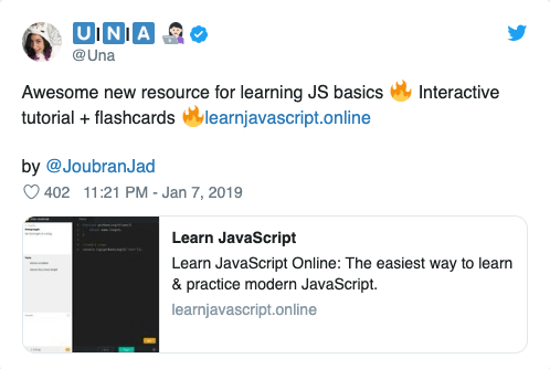 Awesome new resource for learning JS basics 🔥 Interactive tutorial + flashcards 🔥 (link: https://learnjavascript.online/) learnjavascript.online by @JoubranJad