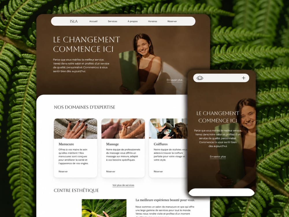 Exemple de site internet professionnel pour une activité de bien-être, conçu avec une direction artistique naturelle et des pages adaptées aux usages desktop et mobile