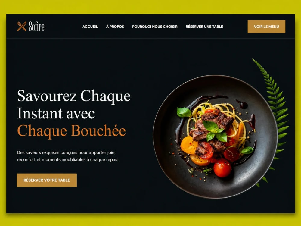 Exemple de site internet professionnel pour restaurant, conçu pour valoriser l’univers culinaire, rendre le menu lisible et faciliter la réservation en ligne
