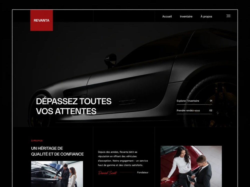 Exemple de site internet premium pour la vente automobile, conçu pour valoriser les véhicules, renforcer l’image de marque et faciliter la prise de contact