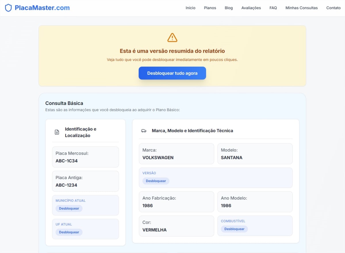 Exemplo de relatório de consulta veicular gratuita mostrando marca, modelo e ano do veículo