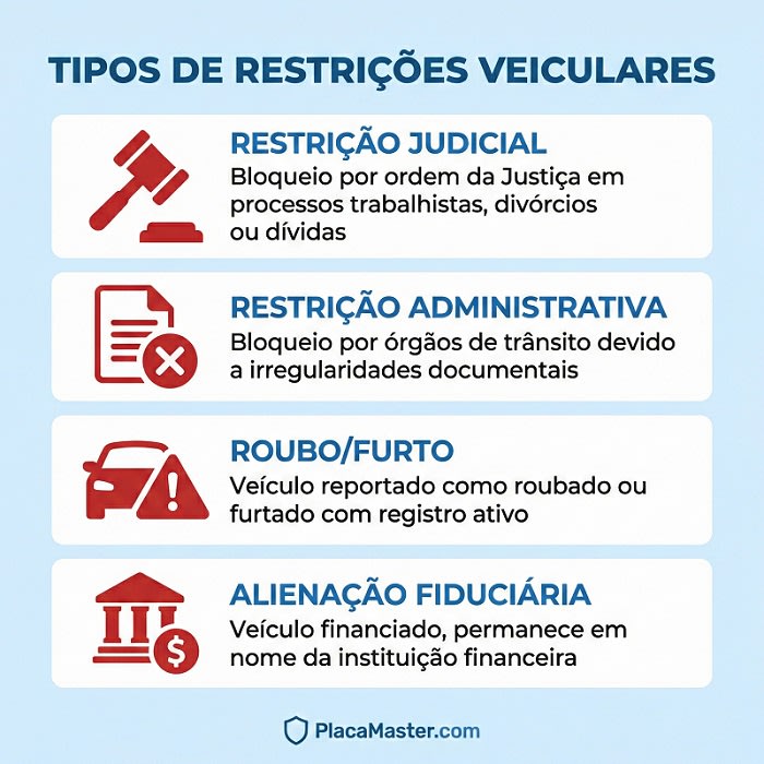 Infográfico dos tipos de restrições veiculares: judicial, administrativa, roubo e furto, alienação fiduciária