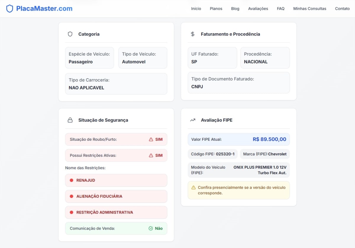 Relatório da consulta ampliada no PlacaMaster com restrições veiculares e valor da tabela FIPE